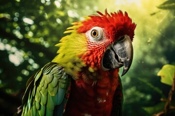 Beautiful exotic Ara parrot bird sitting on branch of tree in green jungle. Cute colorful bird. Wildlife scene from tropical forest. Exotic domestic pet concept. Banner for pet shop with copy space