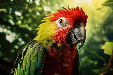 Fototapeta premium Beautiful exotic Ara parrot bird sitting on branch of tree in green jungle. Cute colorful bird. Wildlife scene from tropical forest. Exotic domestic pet concept. Banner for pet shop with copy space