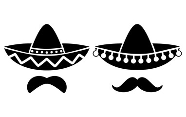 mexican hat black icons. Flat moustache symbol isolated on white. vector illustration