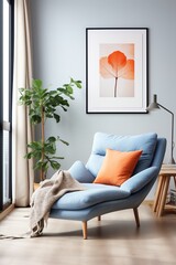 Blue Velvet Chaise Lounge with Orange Leaf Art Print