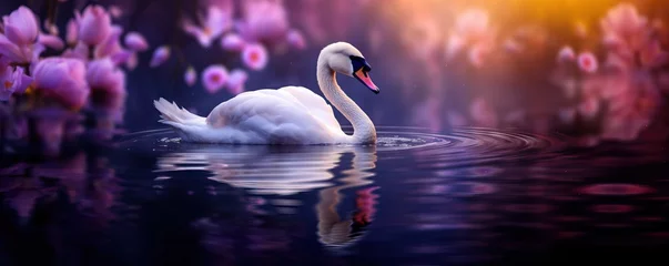 Poster White swans swimming in lake. Fairy tale landscape with elegant bird and blooming flowers. Spring background for greeting card, banner, wallpaper with copy space © ratatosk