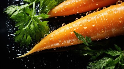 Fresh organic carrots with green leaves covered with water drops - obrazy, fototapety, plakaty