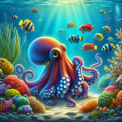 Fototapeta na wymiar Coral reef and fish. A Beautiful Octopus, with Big Eyes at the Bottom of the Coral Sea, Watches for Fish to Catch One 