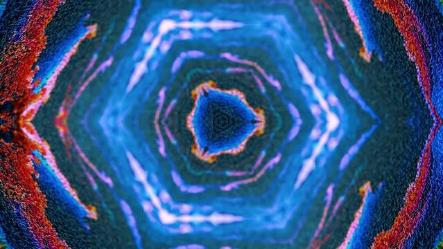 Abstract Multicolored Particles Fluid isolated on black. Fluid art flowing effect. Psychedelic Colorful Kaleidoscope VJ background. Disco Motion Background. Kaleidoscope effect. 3d animation