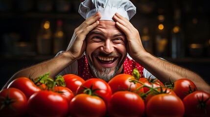 Fototapeta premium The chef is happy when he covers his eyes with tomatoes.