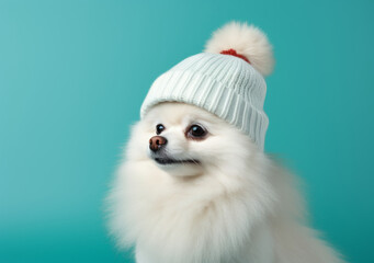 Obraz premium A white dog wearing a hat and scarf against a blue background. Creative fashion animal concept