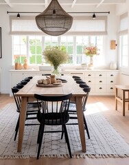 Black chairs and a wooden table in a modern dining room