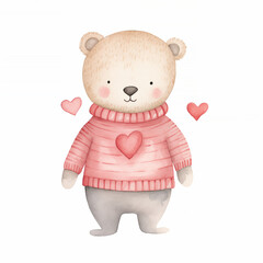 Adorable watercolor illustration of a teddy bear with a pink sweater and hearts, suitable for use in Valentine's Day gifts, children's decor, and affectionate greeting card designs. High quality photo