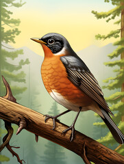 Illustration of American robin bird sitting on a branch, forest background 