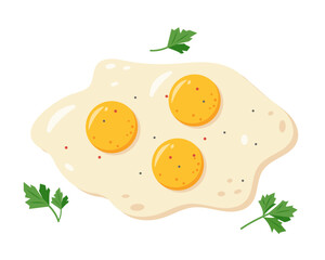 Three Fried fresh eggs with parsley leaves and spices. Cooked fried egg meal. Healthy organic food for breakfast. Vector flat illustration isolated on white background.
