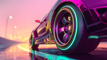 car wheel close-up neon at speed.