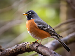American robin bird sitting on a branch, blurry forest background 
