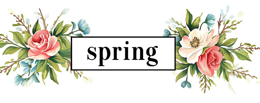 Spring text on blooming spring background