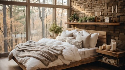 A cozy bedroom with a large window and a brick wall
