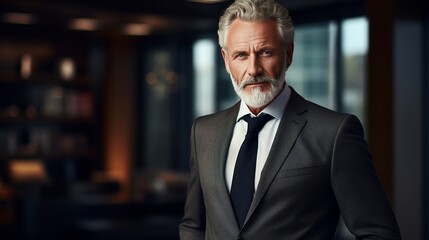 A cinematic depiction of a senior businessman in a stylish portrait of an employee in his office.