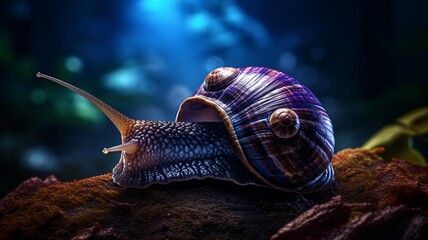 A midnight-blue snail with subtle iridescence, exploring the smooth surface of a river rock. -Generative Ai
