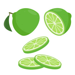 Fresh green cut lime and slices. Organic fruit for lemonade juice or detox smoothie, vitamin C healthy food. Vector icons illustration isolated on white background. - obrazy, fototapety, plakaty
