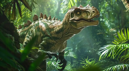 A photorealistic depiction of a massive Tyrannosaurus Rex dinosaur wading through a lush...