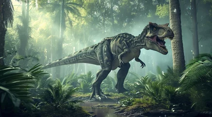 Fotobehang A photorealistic depiction of a massive Tyrannosaurus Rex dinosaur wading through a lush prehistoric forest © Olga