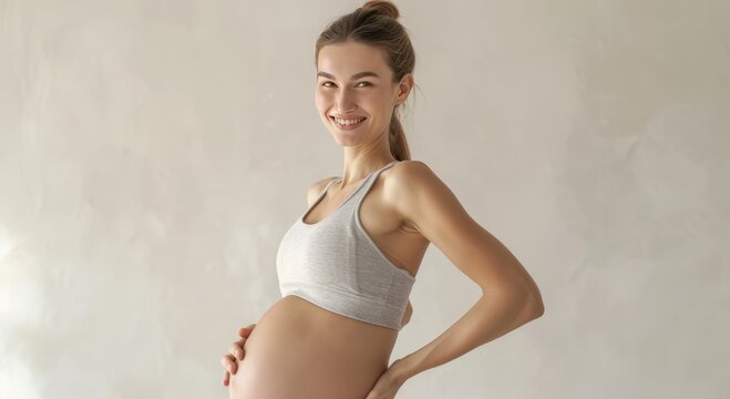  pregnant women  healthy looks, wearing run fitness and show belly