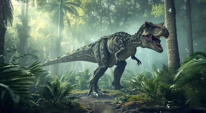 A photorealistic depiction of a massive Tyrannosaurus Rex dinosaur wading through a lush prehistoric forest