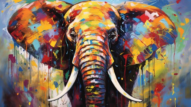 A painted portrait of an elephant's face with vibrant hues that showcases its majestic beauty and charm.