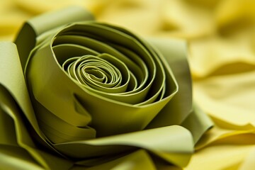 A paper quilled rose in a unique shade of olive green, set against a backdrop of light, pastel yellow. 
