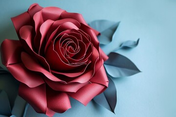 A breathtaking paper quilled rose in a deep shade of ruby red, positioned against a backdrop of soft, 