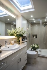 Fototapeta na wymiar Small bathroom design with white vanity, vessel sink, and plants