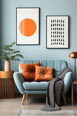 Blue and orange living room with sofa and plants