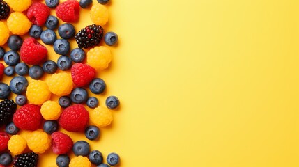 A vantage point showing raspberries and blueberries against a yellow background.