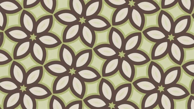 Ornate kaleidoscopic floral pattern  motion background animation with gently radiating flowers in brown, beige and green vintage colors. This trendy retro background is full HD and looping.