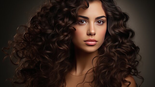 A woman in her 30s or 40s with long brown curly hair posing as a fashion model in a studio is stunning.