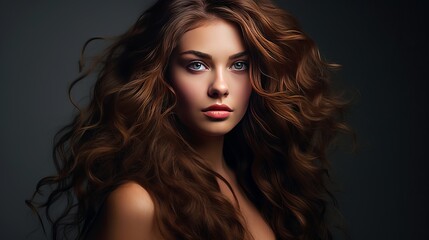 Fototapeta premium A woman in her 30s or 40s with long brown curly hair posing as a fashion model in a studio is stunning.