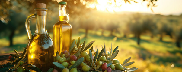 Golden olive oil bottles with olives leaves in the middle of rural olive field with morning sunshine