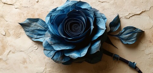 An artistic paper quilled rose in a mesmerizing hue of indigo, set against a canvas of creamy beige. 