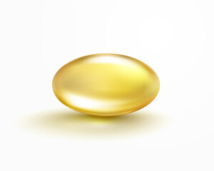 Vitamin E, D or omega 3 fish oil capsule isolated on white background. Golden 3d antibiotic gel pill icon. Vector gold realistic serum oval sphere of collagen essence