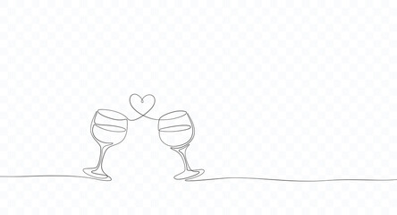 Glasses of wine with heart in continuous line drawing style isolated on transparent background. Vector drink art sketch. Cheers toast contour,  love decoration for romantic Valentine's Day design