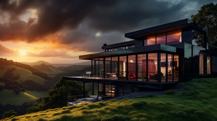 3d rendering of modern cozy house with pool and parking for sale or rent in beautiful mountains at sunset.
