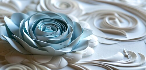A serene scene featuring a paper quilled rose in a tranquil shade of powder blue, complemented by a backdrop of ivory white