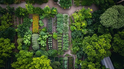 raised bed vegetable garden from above, and trees surrounding it, many raised beds, permaculture, urban, city,  areal view, from above