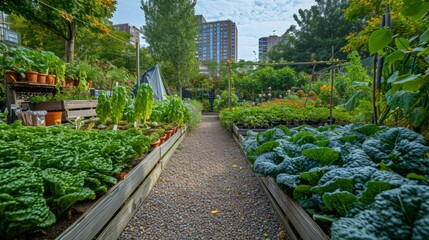 raised bed vegetable garden, and trees surrounding it, many raised beds, permaculture, urban, city, 