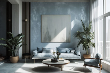 Light blue minimalistic stylish living room, couch and a armchair, pillows and a coffee table and a abstract painting, green plants and decorations. White window. Copy space.