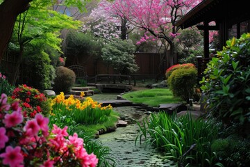 Fototapeta na wymiar A lush garden awakened by the arrival of spring blossoms