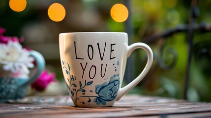 Obraz premium white Mug on the table with blue details on it and the word love you written on it, coffee, tee, 