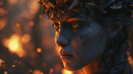 A close-up captures an intense woman with long braided hair and a wreath on her head, illuminated by a nearby raging fire, casting embers into the air