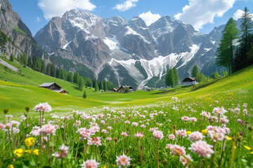 Fototapeta premium Idyllic mountain scenery in the Alps with blooming meadows in springtime