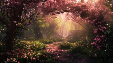 An enchanted garden filled with blossoms in their prime - obrazy, fototapety, plakaty