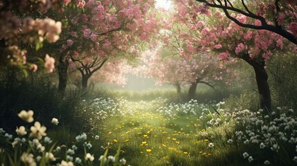 An enchanted garden filled with blossoms in their prime - obrazy, fototapety, plakaty