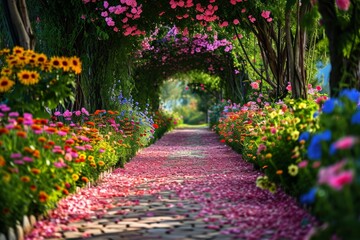 Colorful pathways lined with blooming flowers in full bloom